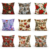 Housse de coussin de Noël décorative rose avec bonhomme de neige, cerf, Père Noël et village, décoration intérieure pastel