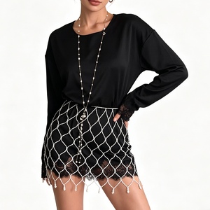 Women's Solid Color Lace Trim Asymmetrical Hem Long <strong>Sleeve</strong> <strong>Blouse</strong> Shirt <strong>Without</strong> Pearl Chain Skirt Sehe Fashion - Product Image 2