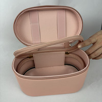 Étui cosmétique en cuir PU ovale avec logo personnalisé, dessus transparent en PVC, sac de maquillage de voyage portable, boîte à cosmétiques à double fermeture éclair