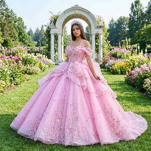 Robe de soirée Instagram Dy1535 rose pour Quinceañera, col cœur, épaules dénudées, appliques, taille naturelle, longueur ras du sol - Product Image 1
