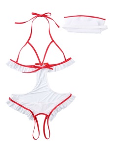 Tenue de lingerie sexy pour femme, costume de jeu de rôle de soubrette ou infirmière, taille unique, body en jersey avec décoration ajourée, méthode de tissage - Product Image 6
