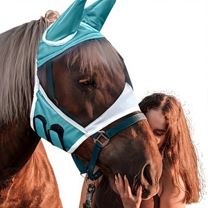 Masque anti-mouches en cuir véritable pour chevaux, protection estivale, maille respirante, protection UV, design doux pour les oreilles et le nez, pour l'équitation - Product Image 1