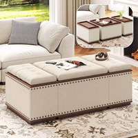 Pouf de rangement rectangulaire avec trois portes de rangement, en lin, moderne, pour chambre et salon, table basse ottoman
