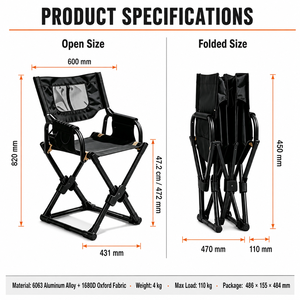 Chaise de camping pliable portable, chaise de réalisateur d'extérieur avec accoudoirs et sac de transport, cadre en aluminium, tissu Oxford, design minimaliste - Product Image 5