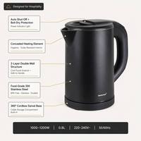 Bouilloire électrique portable sans fil à double paroi de 0,8 L en acier inoxydable avec chauffe-eau et théière pour la maison ou l'hôtel