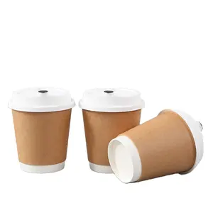 Disposable Coffee Paper Cup With Cover Double Ironing Kraft Paper Cup Recyclable