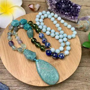 LS-A964 gemstone long beads necklace,amazonite pendant Mala Beads Hand Knot charm Necklace,Yoga Jewelry Women Gifts