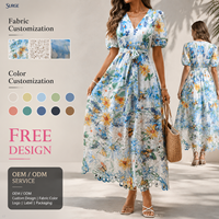 Autre robe longue décontractée pour femme en tissu, col en V, manches courtes bouffantes, taille nouée, imprimé floral papillon, bordure en dentelle, pour les vacances