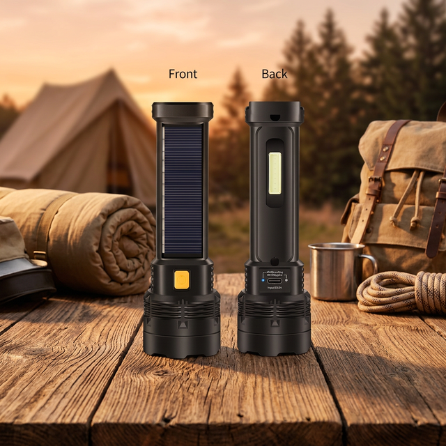 Rechargeable Solar & Battery Portable Handheld LED Flashlight IP44 Waterproof for Camping Outdoor Home & Emergency Use