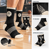 Chaussettes de basketball à compression en polyester recyclé et élasthanne, motif élargi, amorti pour le court, ajustement de la cheville, logo artistique, gradation des tailles