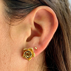 Yellow Gold Plated Flower <b>Stud</b> <b>Earrings</b> Brilliant Cut Diamond Bezel <b>Set</b> Vintage Women's Everyday Wear Jewelry for Party Gift - Product Image 1