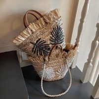 Sac à bandoulière en paille brodé de feuilles de palmier fait main, grande capacité, sac cabas style bohème pour femme