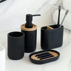 Conjunto de acessórios para banheiro, conjunto preto fosco 4 polyresina de bambu