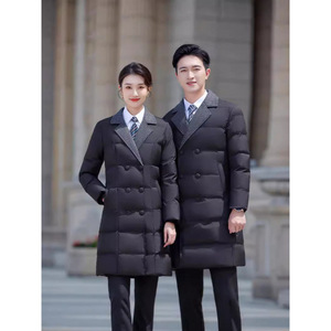 Black Cotton-Padded Coat Men Winter Long Double-Breasted Workwear Unisex Solid Color Polyester Outerwear - Product Image 3