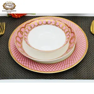 三件套粉色骨瓷陶瓷餐具套装，带金框经典设计少女时代女孩梦想菜肴