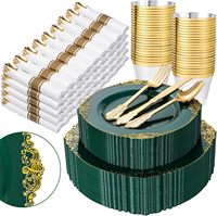 Ensemble de vaisselle en plastique vert et or sans BPA pour 50 invités, comprenant 100 assiettes jetables, 150 couverts, 50 gobelets et 50 serviettes