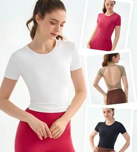 Wholesale Women's Crisscross Backless Built-in Bra Yoga <b>Top</b> Short Sleeve Slim Fit Quick Dry Workout Shirt Fitness <b>Crop</b> <b>Top</b> - Product Image 3