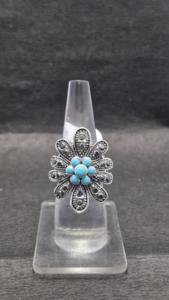 Turquoise Gemstone Sterling Silver Flower Ring Elegant Womens Jewelry Gift - Product Image 4