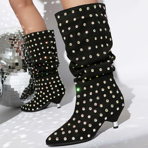 Big Size 46 Pleated Upper Mid Calf Boots Pointed Toe Suede Shoes Women Low Spike Heels Bling Rhinestone Half Knee High <b>Booties</b> - Product Image 1
