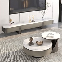 Ensemble de tables basses en pierre frittée marbrée avec rangement dissimulé, design courbe, table d'appoint pour salon, mobilier de maison