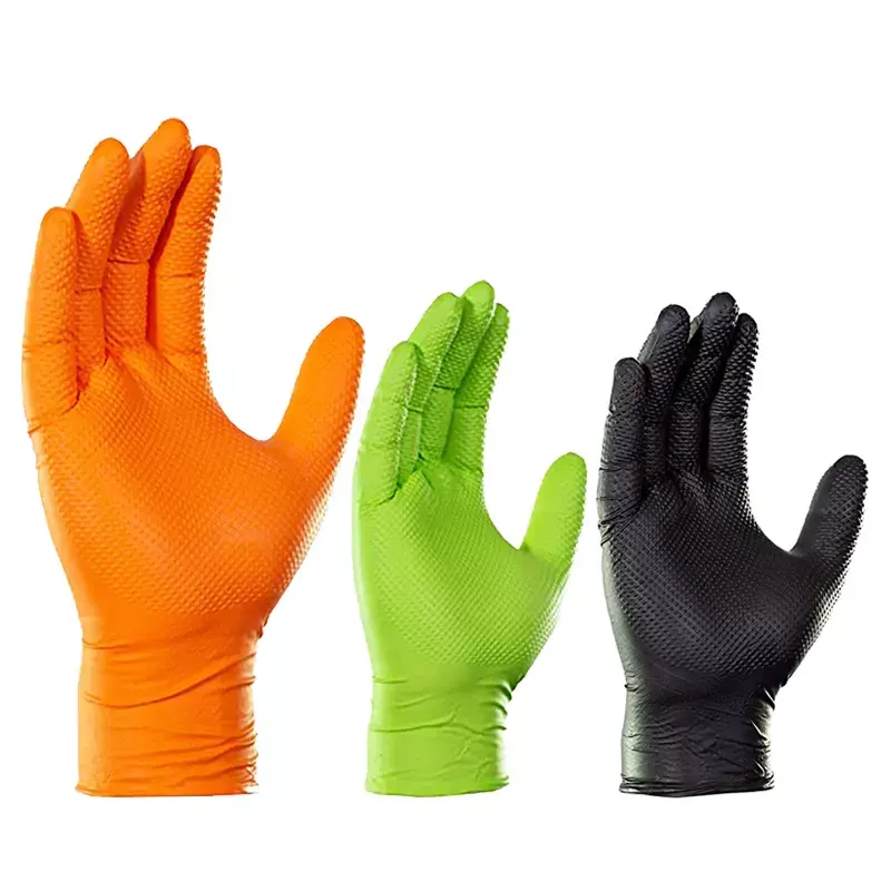 Hot selling orange, black and green Diamond textured thickened 6-8-10 Mill Free nitrile work Protective Gloves