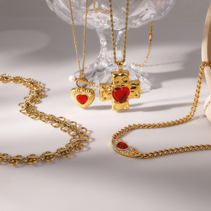 European Style Red Agate <b>Cross</b> Necklace Gold <b>Chain</b> Heart Pendant Daily Wear Gift Jewelry - Product Image 3
