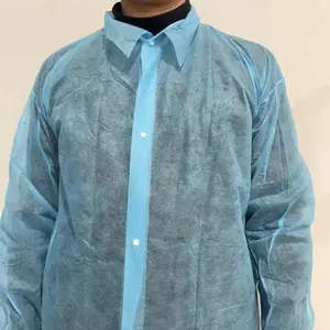 เสื้อแลปโพลีโพรพิลีนไม่ทอเสื้อโค้ทแลป25กรัมสีน้ำเงินมีกระดุมไม่มีกระเป๋า XL สองชิ้น