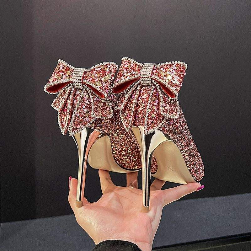 Size 33-43 Sequin Bow Talon Haut Slipper Summer Sandals Cute Designer Shoes  Women Heels