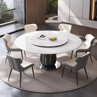 Mesa de Comedor Redonda de Diseño con una Superficie de Piedra Brillante y una Base de Madera Maciza con Incrustaciones de Acero Inoxidable para Muebles de Hogar Modernos