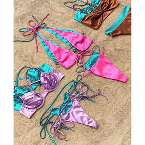 Customized OEM Bikini Swimsuit Bikini Set High Waist Print Micro String Bikini Swimsuits For Women Satin Two Piece Swimwear