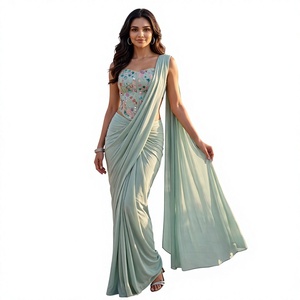 Sari élégant vert menthe émeraude royal avec broderie de sequins et blouse assortie, longueur au sol, séchage rapide, pour femme, idéal pour les mariages - Product Image 1