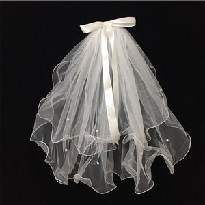 Voile de mariée élégant en perles blanches, court, multi-couches, en tulle avec nœud en satin pour cérémonie de <span class=keywords><strong>mariage</strong></span>, voile de mariée court - Product Image 3