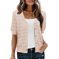 Cardigan léger en mohair pour femme IECCP, à manches courtes bouffantes, ouvert sur le devant, respirant, avec boutons, col halter, dentelle, tricot unisexe pour l'été