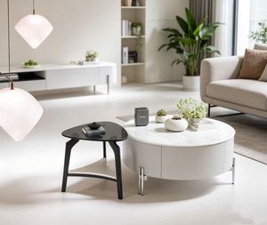 Table basse ronde moderne avec plateau en marbre, structure en métal, rangement, meubles de salon - Product Image 2