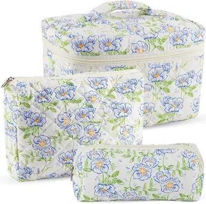 New Fashion Trend 3Pcs Cotton Quilted Makeup Bag Blue Floral Travel Large Small Cosmetic Bag Set Cute Makeup Pouch Portable Toil