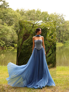 Ruolai ชุดพรอมสำหรับผู้หญิงยาวถึงพื้นสีฟ้าอ่อน WL126มีผ้าจีบเข้ากับผ้าพันคอและชุดงานปาร์ตี้ - Product Image 3