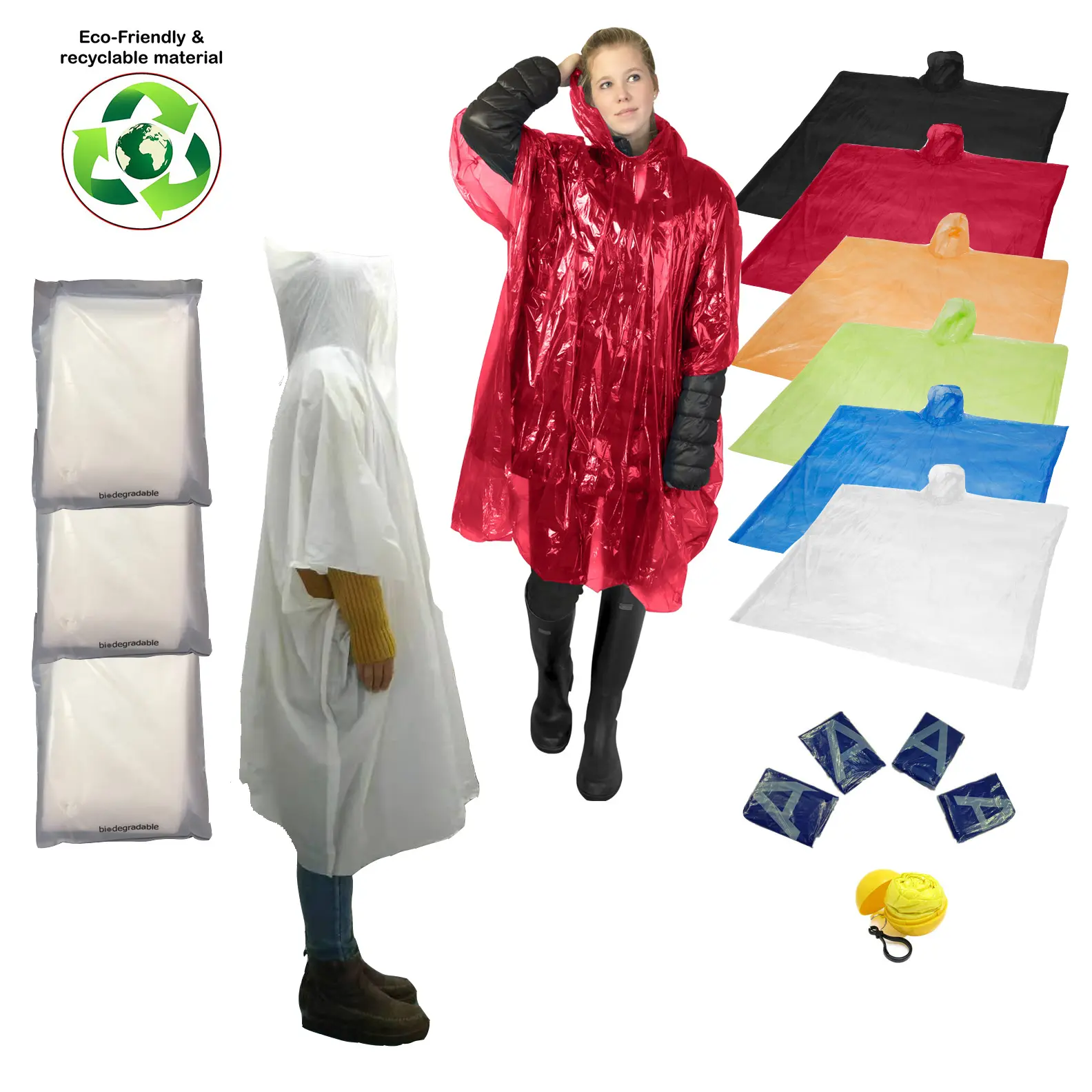 المتاح المطبوعة PE PLA الذرة النشا قابلة للتحلل مرة واحدة استخدام معطف واقي من المطر الكبار الاطفال العباءات للترقية