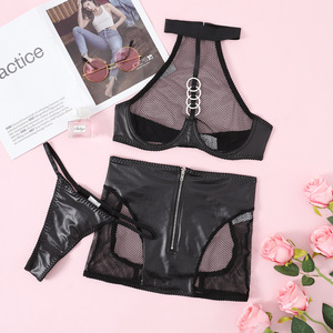 Sexy Hollow Out Seductive Lingerie Hanging Neck Bodysuit Hip Dress Perspective Fishing Net Sexy Lingerie Two-Piece Set - Product Image 6