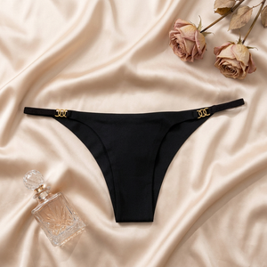 Women's Low Rise Black <b>Seamless</b> <b>Thong</b> Panty with Gold Logo Waistband Ultra Thin Knitted Underwear Solid Color Sexy Panties - Product Image 4