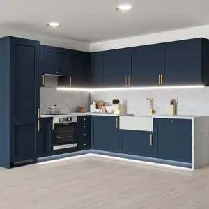 Kabinet Dapur Kayu Lapis Lukisan Warna Biru Hijau Berbentuk L dengan Kabinet Anggur Desain Pintu Kaca Siap untuk Merakit Lemari