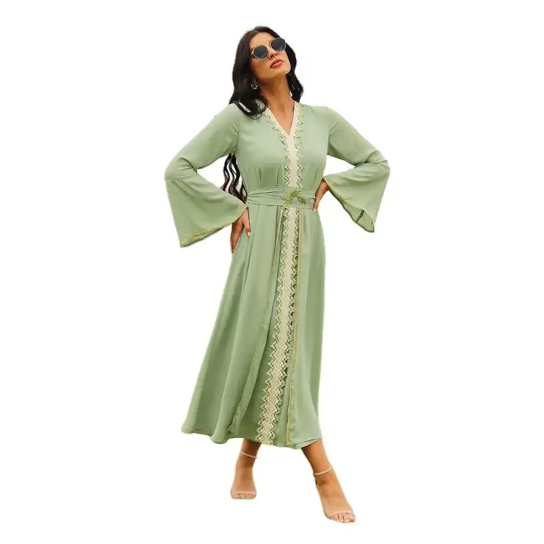Dubai Kaftan V Neck Long Sleeve Jalabiya Abaya Muslimturkish Arabic Clothes Maxi Dresses For Women
