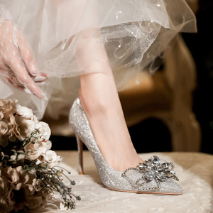 <strong>f</strong> <strong>Women</strong> silver Champagne New Bridal <strong>Shoes</strong> <strong>Women's</strong> Wedding Stiletto Heel Pointed French Crystal Bridesmaid <strong>shoes</strong> - Product Image 2