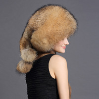 Sombrero de bombardero de piel de zorro Real para mujer de invierno 100%, gorro Ushanka de piel de mapache, gorros de esquí para hombre ruso, gorros de cuero Real