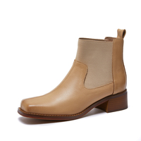 Bottines pour femmes en cuir de veau véritable, à bout carré, talon épais, à enfiler, couleur beige nude, vente en gros