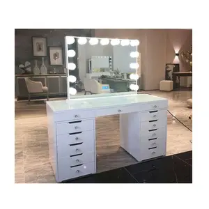 Hollywood 13 Drawers Modern Vanity Dressing Table Make Up Table Wood Drawer Dresser Vanity Mirror Set With Lights