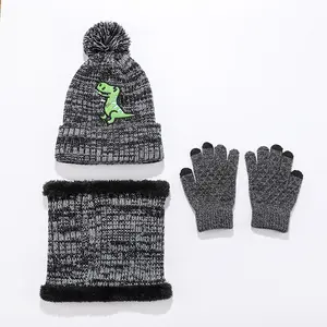 Wholesale Custom Logo 100%Acrylic Winter Fleece-lined Warm Knitted Hats Scarf Gloves With Pompom And Dinosaur For Kid