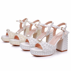 Sandales à Talons Épais de 9cm Bouche de Poisson, Racine Carrée, Plateforme, Perle Blanche, Chaussures de Mariée, Strass, Minces, Grande Taille - Product Image 4