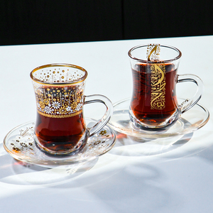 Золотая кофейная чашка в турецком стиле с индивидуальным дизайном, классическая стеклянная чашка для послеобеденного чая и свадебного торжества с блюдцем в комплекте - Product Image 5