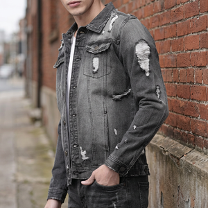Men's Slim Fit Ripped <b>Denim</b> <b>Jacket</b> With Front Pockets Turn-down Collar Casual Autumn Style Cotton Washed Jean Coat - Product Image 4