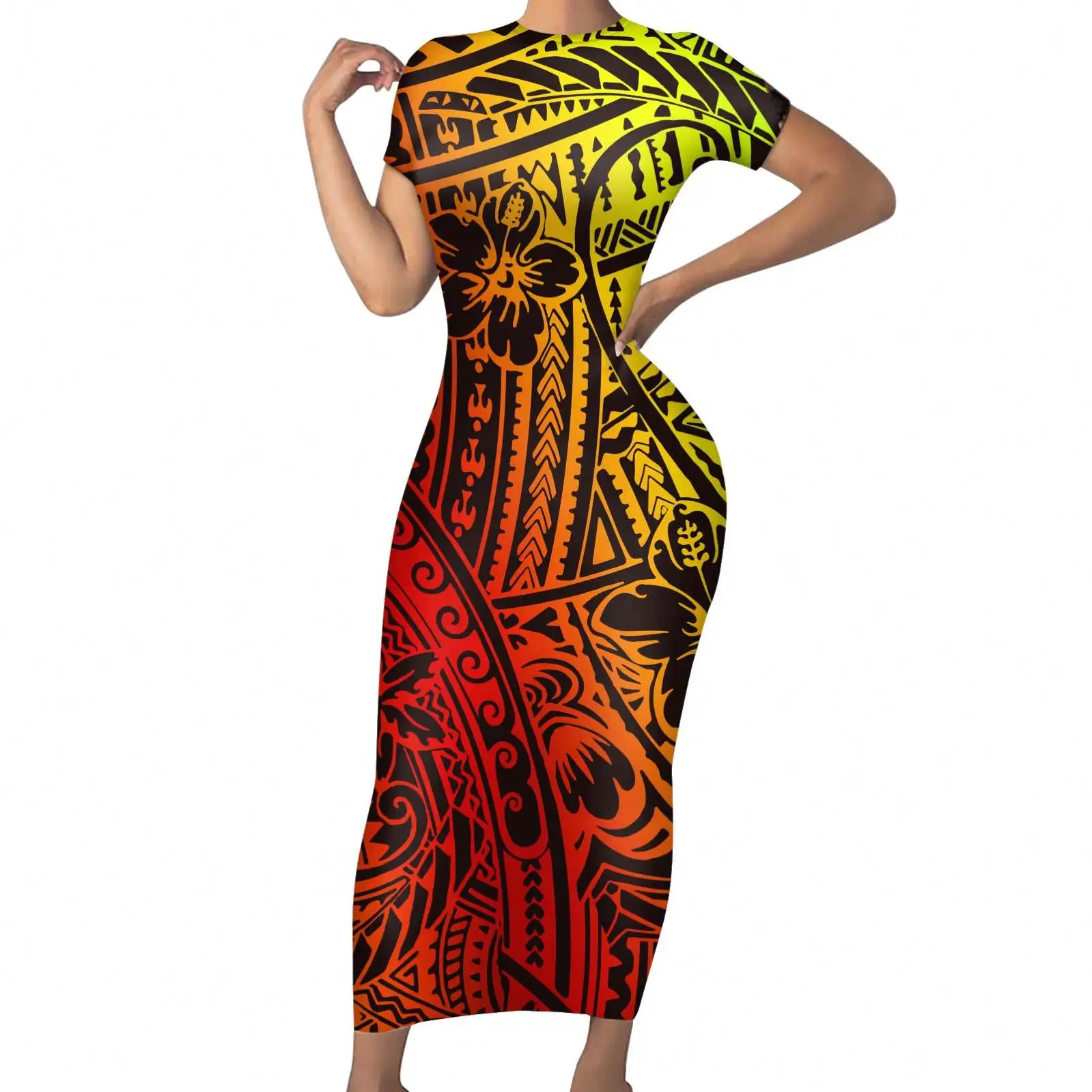 Maxi vestido longo tribal feminino, roupa feminina polinésia manga curta para verão 2021